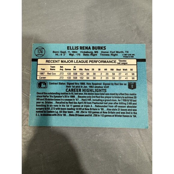 1988 Donruss Ellis Burks #174 Boston Red Sox Vintage MLB Baseball Card - Picture 2 of 2